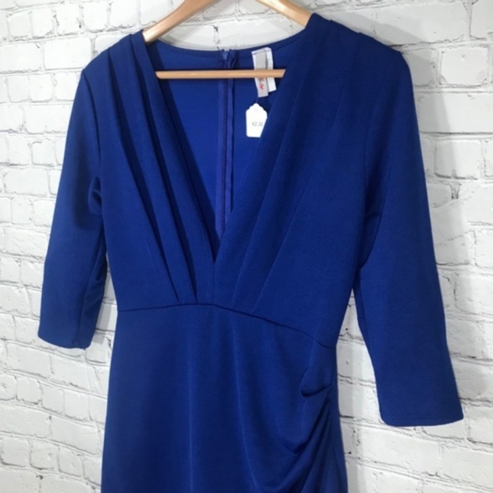 Blue Mini Dress Deep V Neck Wrap 3/4 Sleeve Small - Picture 5 of 5
